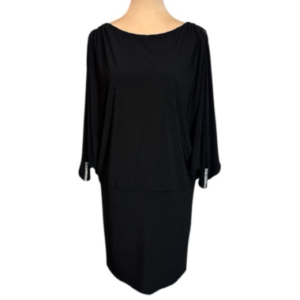 Betsy & Adam Black Rhinestone 3/4 Batwing Sleeve Cocktail Dress 10